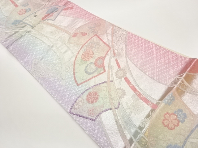 JAPANESE KIMONO / VINTAGE FUKURO OBI / PLATINUM FOIL / WOVEN FLOWERS